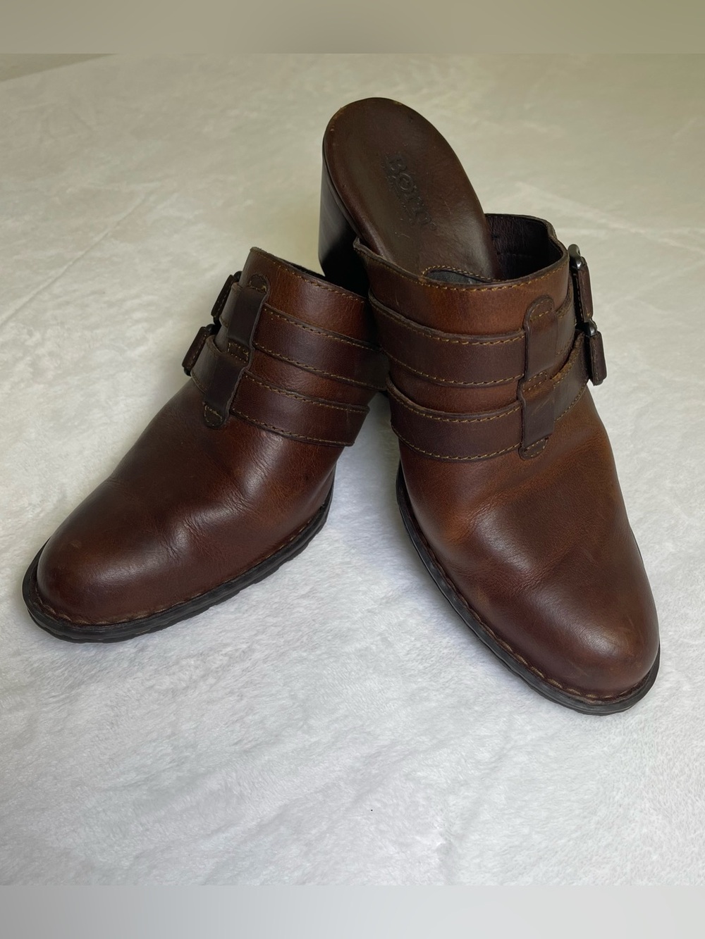 Börn Brown Leather Double Buckle Heeled Clogs Mules Shoes Size 10 US / 42 EU